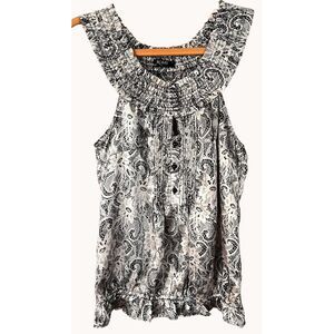 Romy Smocked Pintuck Paisley Floral Print Satin Blouse Button Black Tan XS